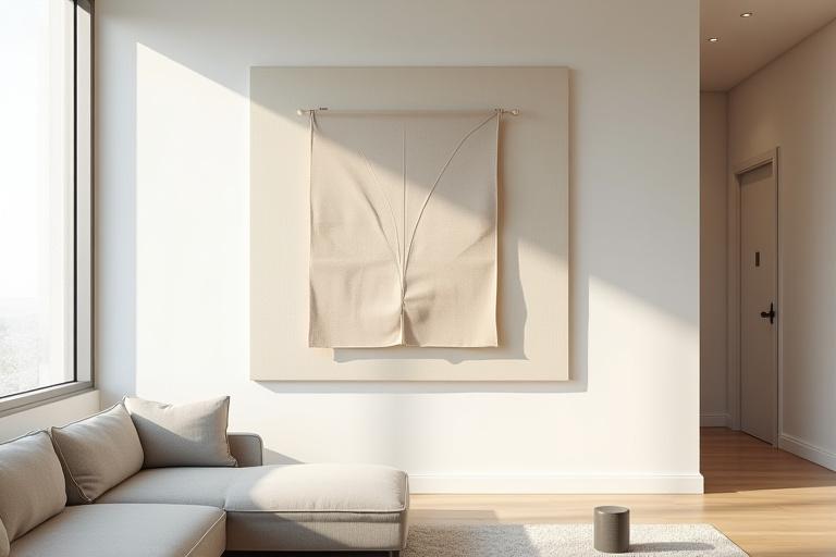 ミニマリストな個人住宅のリビングに飾られたカスタムアートパネル